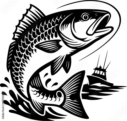 Redfish Vector Emblem – Bold Black and White Sport Fishing Design