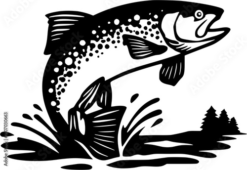 Rustic Trout Vector Illustration – Vintage Black and White Fishing Design