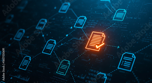 Digital network of document icons connected by lines, with one document highlighted in orange with a checkmark.