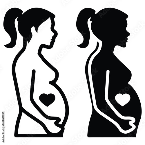Elegant pregnancy symbol icons celebrating motherhood and new life, simple silhouette vector graphics