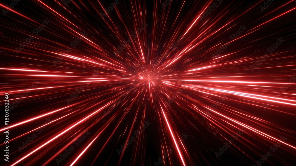 Fototapeta premium Dynamic red light beams radiate outward, creating an energetic and futuristic visual effect with a sense of motion.