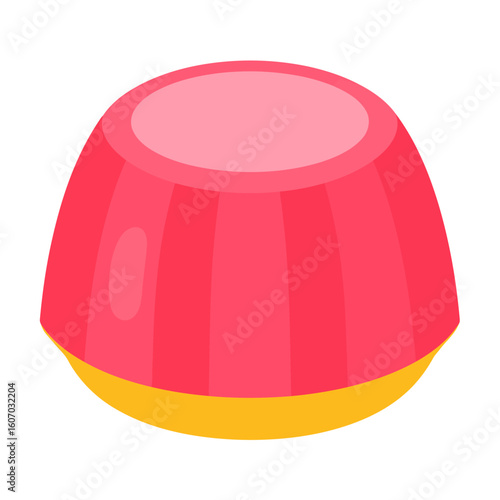 Glossy pink jelly pudding with vertical ridges and a yellow base layer.