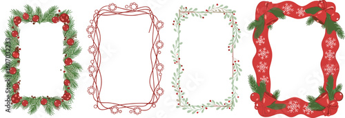 Set of doodle hand drawn ink Xmas frames with christmas tree, snowflakes, ribbon and bows, christmas lights garlands.
