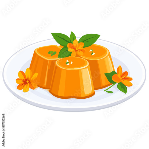A trio of glossy orange puddings beautifully garnished with edible orange flowers and fresh green leaves on a white plate.