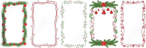 Set of doodle hand drawn ink Xmas frames with christmas tree, snowflakes, ribbon and bows, christmas lights garlands.