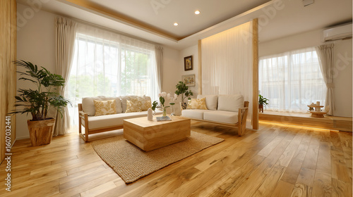 木の温もりを感じる明るくナチュラルなリビングルーム