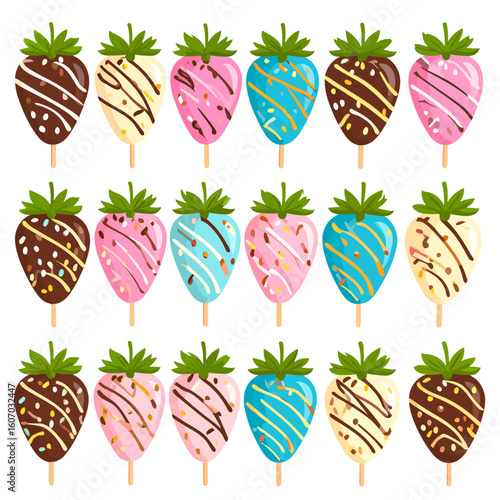 Assortment of decorated chocolate strawberries on sticks with pink, blue, white, and dark chocolate coatings and sprinkles.