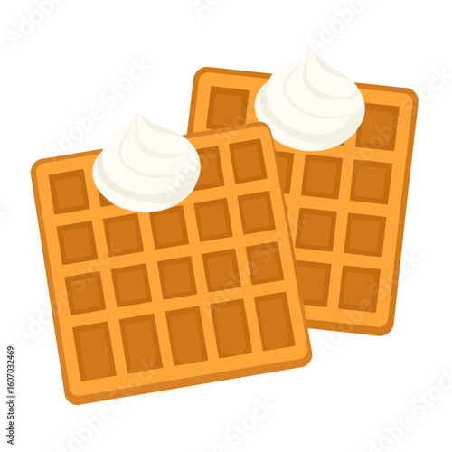 Two golden brown Belgian waffles with dollops of white whipped cream, vector illustration.