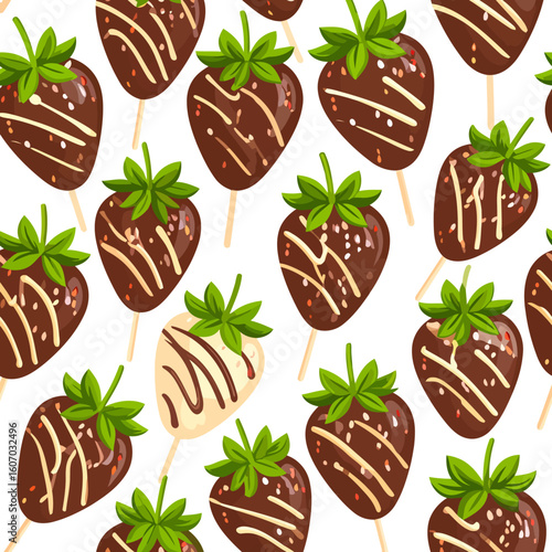 Seamless pattern of cartoon chocolate-covered strawberries on sticks, drizzled with white and dark chocolate and topped with sprinkles.