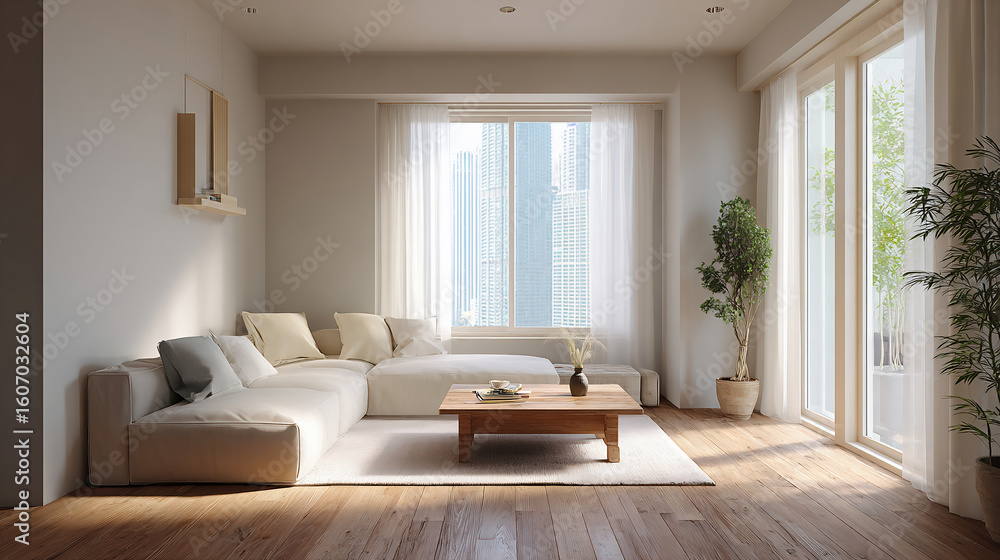 Obraz premium 高層ビルを望む明るくモダンなリビングルームのインテリア