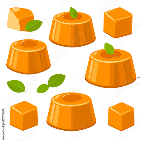 Set of glossy orange jelly puddings and candy cubes with mint leaf garnish, vector illustration.