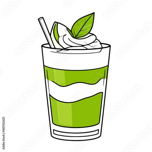 Layered green drink illustration with whipped cream, mint leaf, and a lime slice.