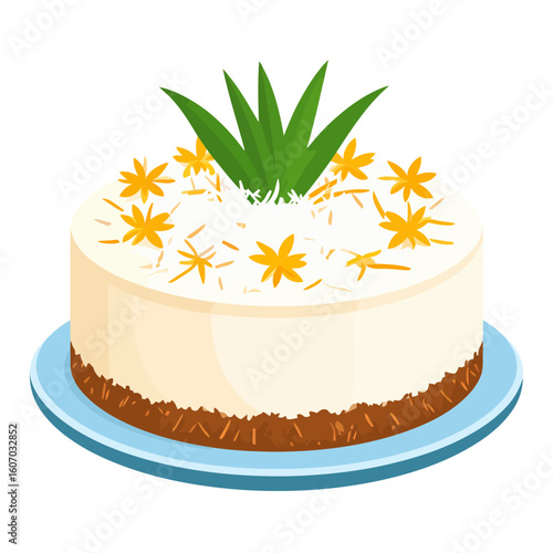 Illustrated tropical cake with a crumb crust, topped with coconut flakes, yellow flowers, and green leaves.