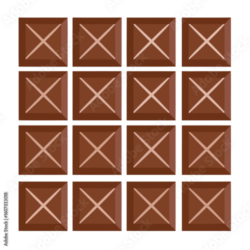 Flat illustration of a square milk chocolate bar with sixteen pieces, each marked with an X.