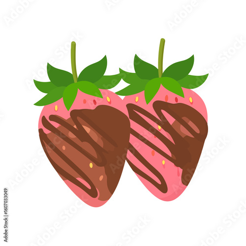 A pair of pink strawberries dipped and drizzled with rich milk and dark chocolate.