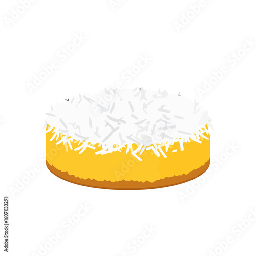A whole round yellow cake with a golden-brown crust, topped with white frosting and abundant shredded coconut.