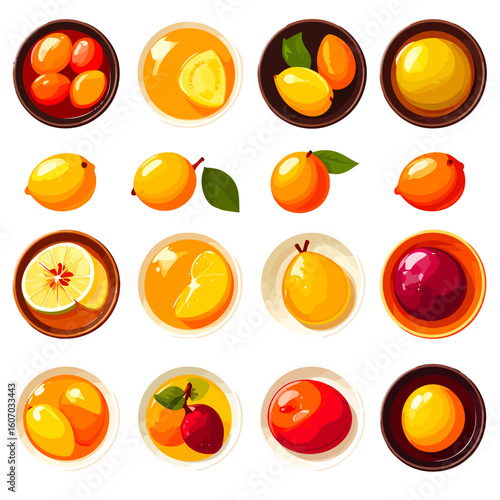 A vibrant collection of stylized fruit illustrations, featuring citrus, plums, and preserves in a colorful, graphic style.