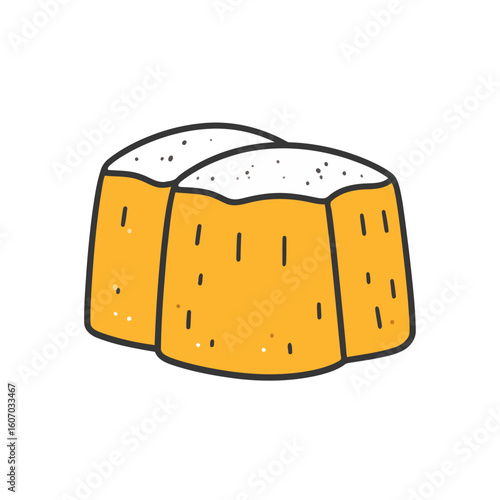 Stylized cartoon illustration of two blocky golden beers with thick, speckled white foam.