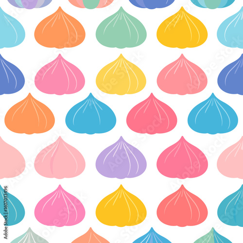 Vibrant, multicolored meringue kisses or dumplings with a swirled, pointed shape.