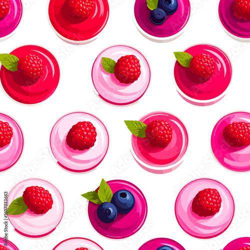 Colorful berry mousse and panna cotta desserts with fresh raspberries, blueberries, and mint.