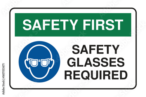 Safety Glasses Required Sign – Safety First Notice  Workplace Eye Protection Reminder  Industrial Safety Signage  PPE Compliance Poster  Clear Zone Protective Equipment Symbol