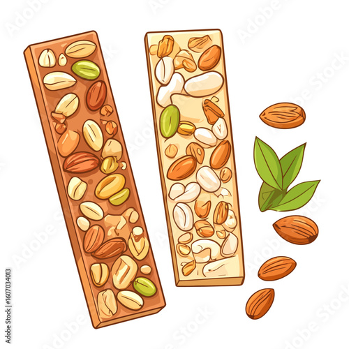 Two detailed cartoon granola bars with mixed nuts, including almonds, peanuts, and pistachios, alongside loose almonds and leaves.