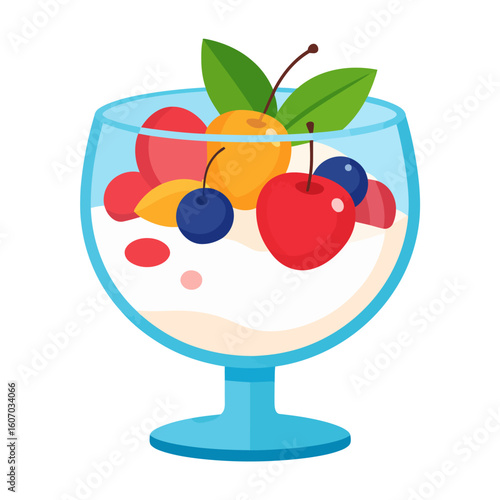 Vibrant fruit salad dessert with fresh berries and cherries in a blue glass coupe.