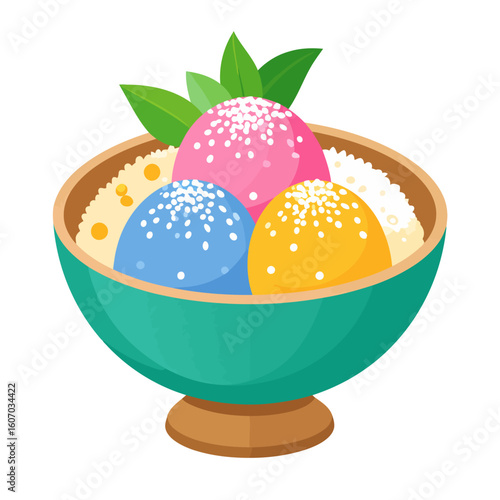 Three colorful dessert scoops with sprinkles and mint garnish in a teal bowl.