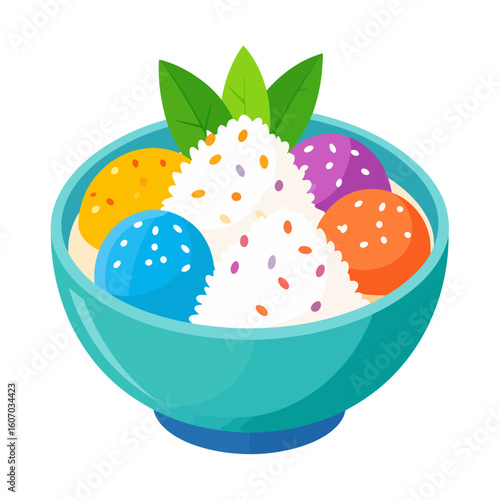 A vibrant bowl of Asian dessert with colorful sweet rice balls, sprinkled rice, and a fresh green leaf garnish.