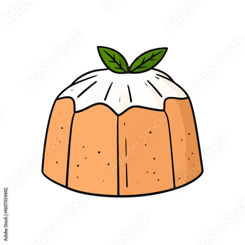 Hand-drawn fluted pudding cake with white icing and a fresh mint leaf garnish.