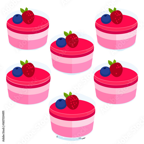 Pink layered mousse cake with strawberry and blueberry topping in an isometric view.