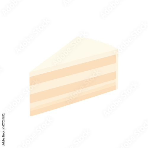 A simple, elegant slice of a three-layer vanilla cake with creamy white frosting.