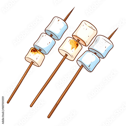 Hand-drawn illustration of three skewers with toasted and untoasted marshmallows.