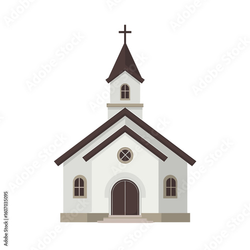 Simple church building with a cross and arched doorway  