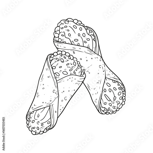 Sketch-style line art of two crispy Italian cannoli with creamy, studded filling.