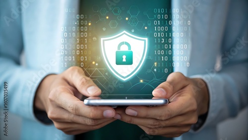 Person holding smartphone with glowing digital shield and padlock icon symbolizing cybersecurity