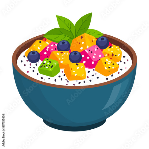 Colorful breakfast smoothie bowl with diced mango, pitaya, kiwi, blueberries, and fresh mint.