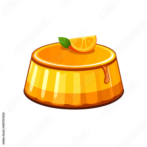 Glossy orange flan pudding with a caramel drip, garnished with a fresh orange slice and a mint leaf.