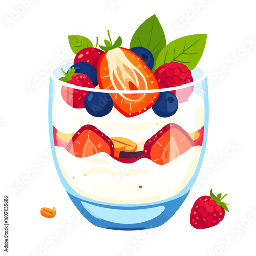 Vibrant illustration of a layered yogurt parfait with fresh strawberries, blueberries, raspberries, and mint leaves in a clear glass.