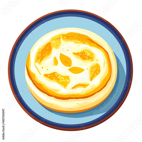 Golden baked savory pie with a creamy topping, sesame seeds, and leaf garnish on a blue plate.