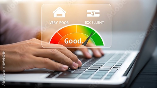 Person checking credit score on laptop with good rating displayed