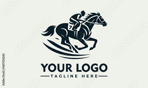 Silhouette logo design of a jockey riding a horse in motion, featuring a dynamic style and space for customization.