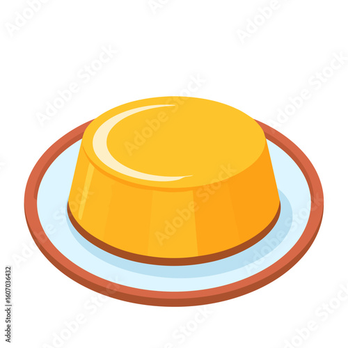 Simple vector illustration of a golden yellow flan pudding with a smooth, glossy surface, served on a small plate.