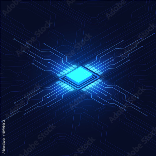 Abstract blue background depicting a glowing microchip at the center of an intricate circuit board network