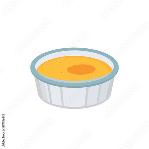 Small white ramekin with a blue rim, filled with a smooth yellow-orange dipping sauce.