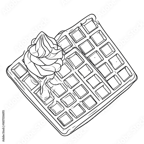 Sketch style line art of a Belgian waffle with a dollop of swirled whipped cream topping.