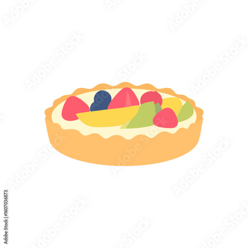 Colorful fruit tart with a fluted crust, creamy custard, and assorted fresh fruit toppings like berries and kiwi.