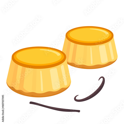 Two delicious yellow vanilla puddings with glossy tops, accompanied by dark vanilla beans in a cartoon illustration style.