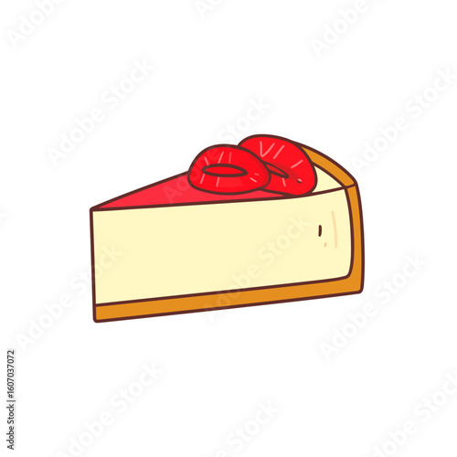 Cute cartoon slice of strawberry cheesecake with a glossy red topping and berry slices.