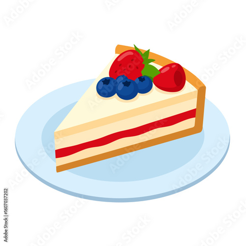 A delicious slice of layered cream cake with jam filling, garnished with fresh strawberries and blueberries.